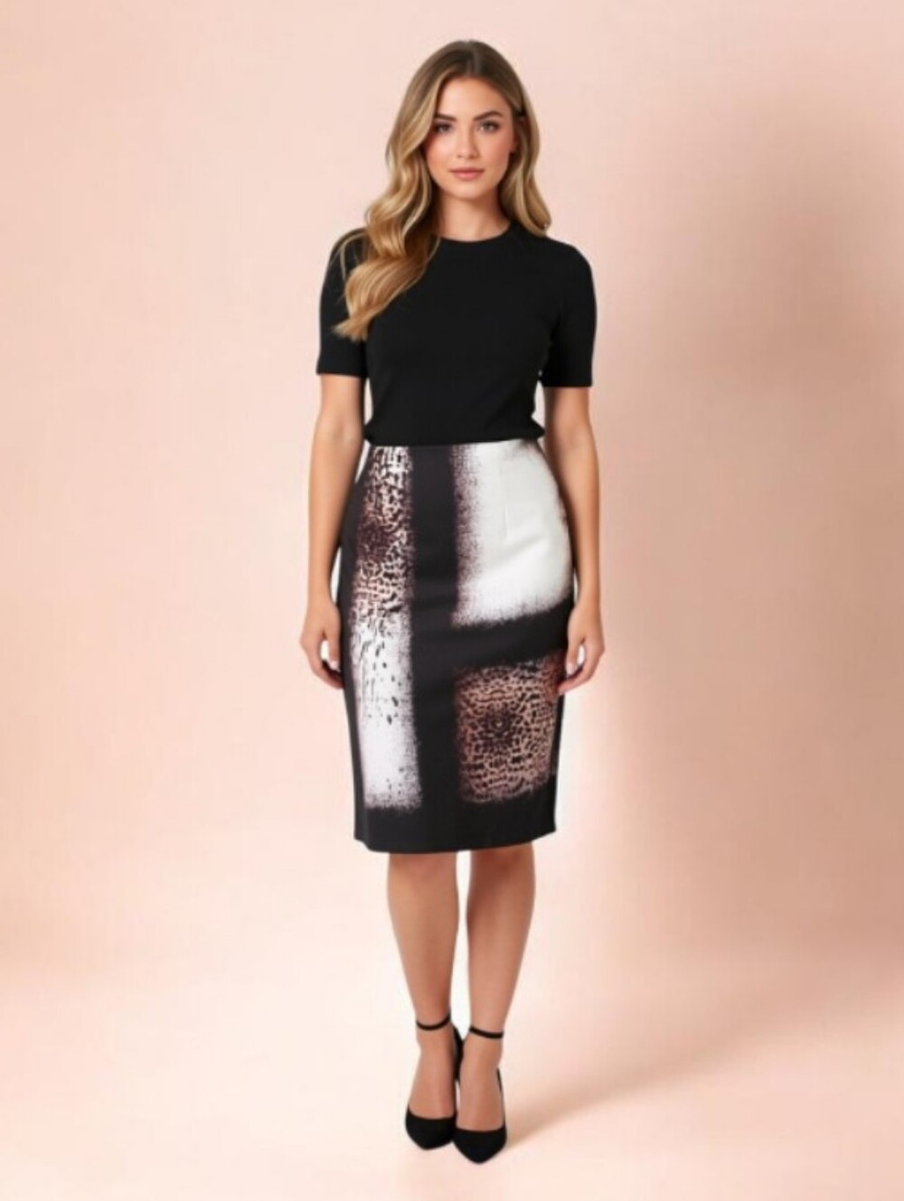 US2🍂Kenneth Cole Black & Brown Animal Leopard  Pencil Skirt